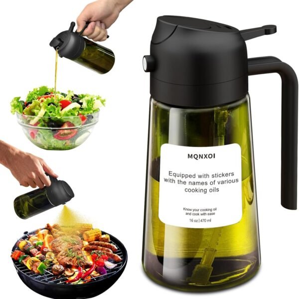 2 in 1 Glass Oil Sprayer & Dispenser,16oz/470ml Olive Cooking, Air Fryer, and Salad, for Kitchen Gadgets and Air Fryer Accessories